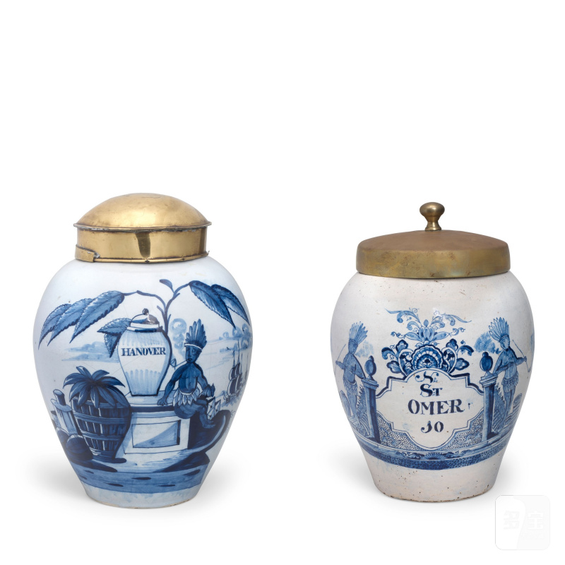 Two Dutch Delft tobacco jars, one 'de Drie Klokken' factory, the other 'De Porceleyne Blijl' factory, both early 18th century,